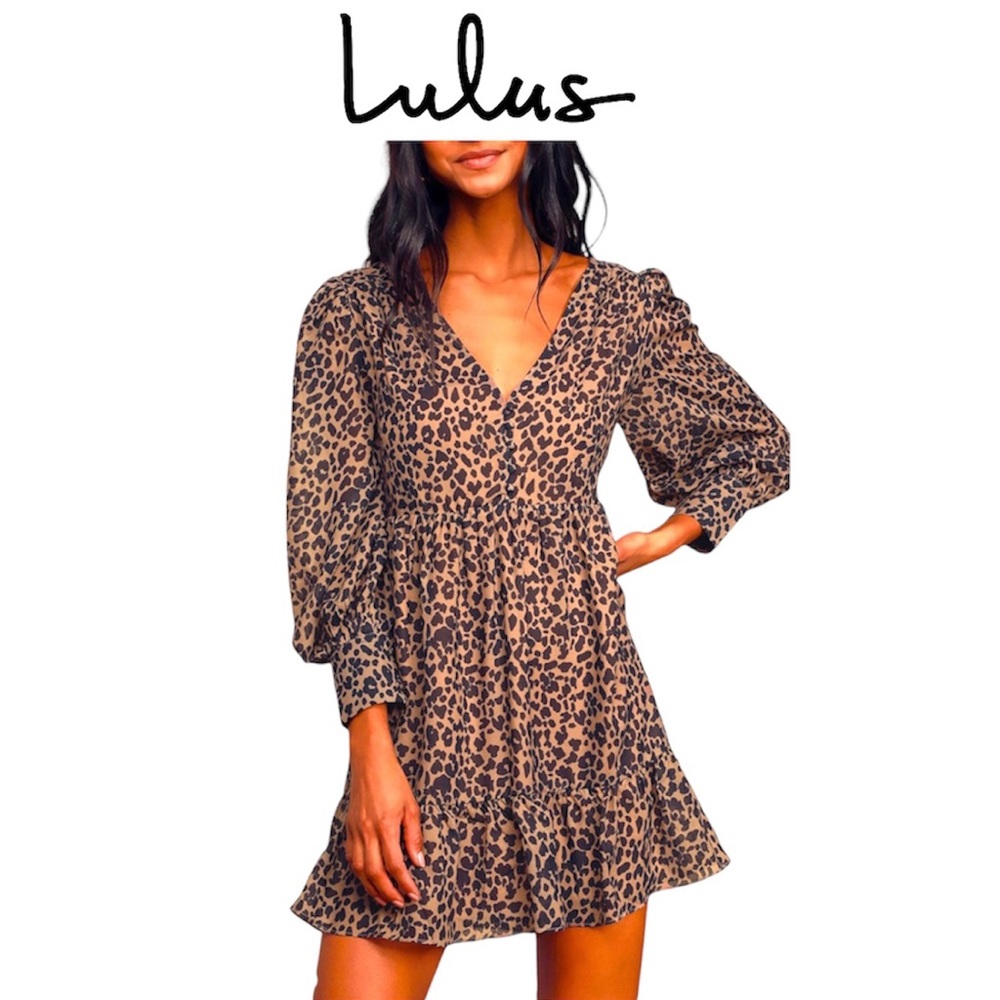 NWT $58 Lulu’s Rock It Out Brown and Black Leopard Print Babydoll Dress